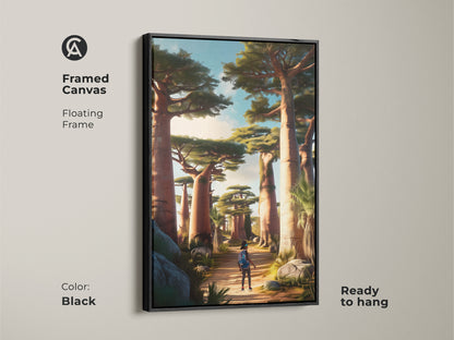 Framed canvas of African Baobab Trees art. The black floating frame enhances the earth tone landscape. A traveler explores the scenic path. Ready to hang this piece adds natural beauty to any space.
