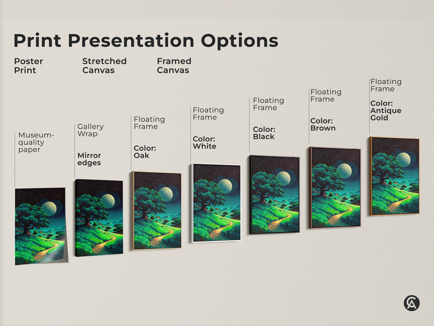 Various print presentation options. Choose from poster print stretched canvas or framed canvas. Pick museum-quality paper gallery wrap or floating frames for moonlit tree art.