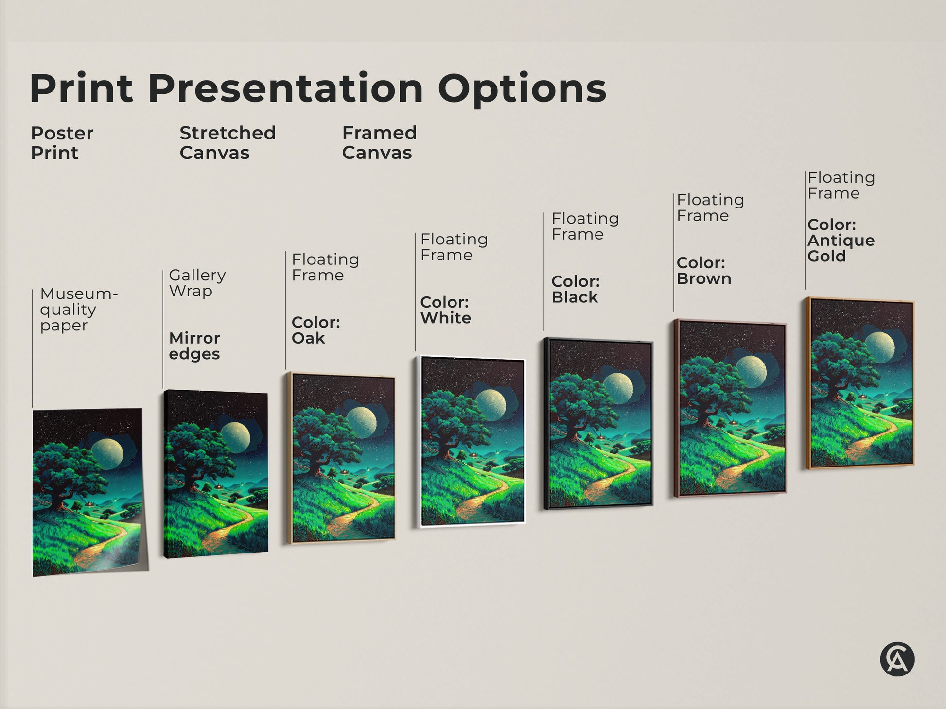 Various print presentation options. Choose from poster print stretched canvas or framed canvas. Pick museum-quality paper gallery wrap or floating frames for moonlit tree art.