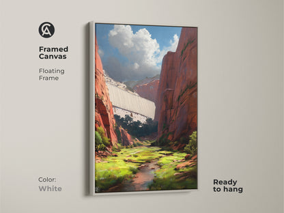 This framed canvas displays a red canyon dam landscape. The floating frame accentuates the contemporary artwork. This nature artwork in white offers a clean look. Perfect as scenic view wall decor ready to hang.