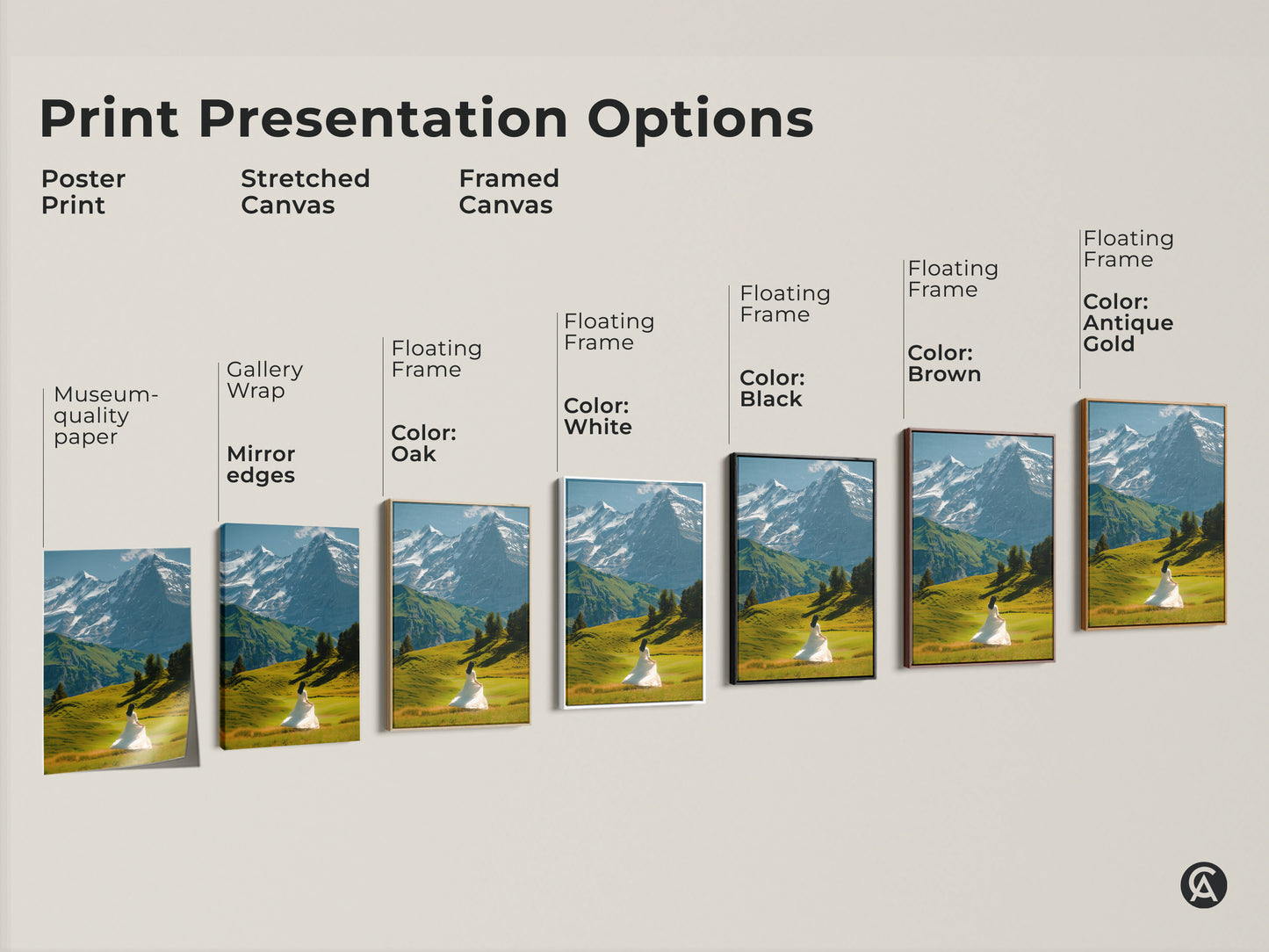 Explore print options for this snowy mountain landscape canvas. Choose from a poster print stretched canvas or framed canvas. Each features a woman in a white dress. Select your perfect wall decor for a modern living room art. Find the ideal option for your contemporary bedroom decor.