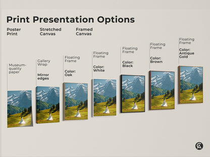 Explore print options for this snowy mountain landscape canvas. Choose from a poster print stretched canvas or framed canvas. Each features a woman in a white dress. Select your perfect wall decor for a modern living room art. Find the ideal option for your contemporary bedroom decor.
