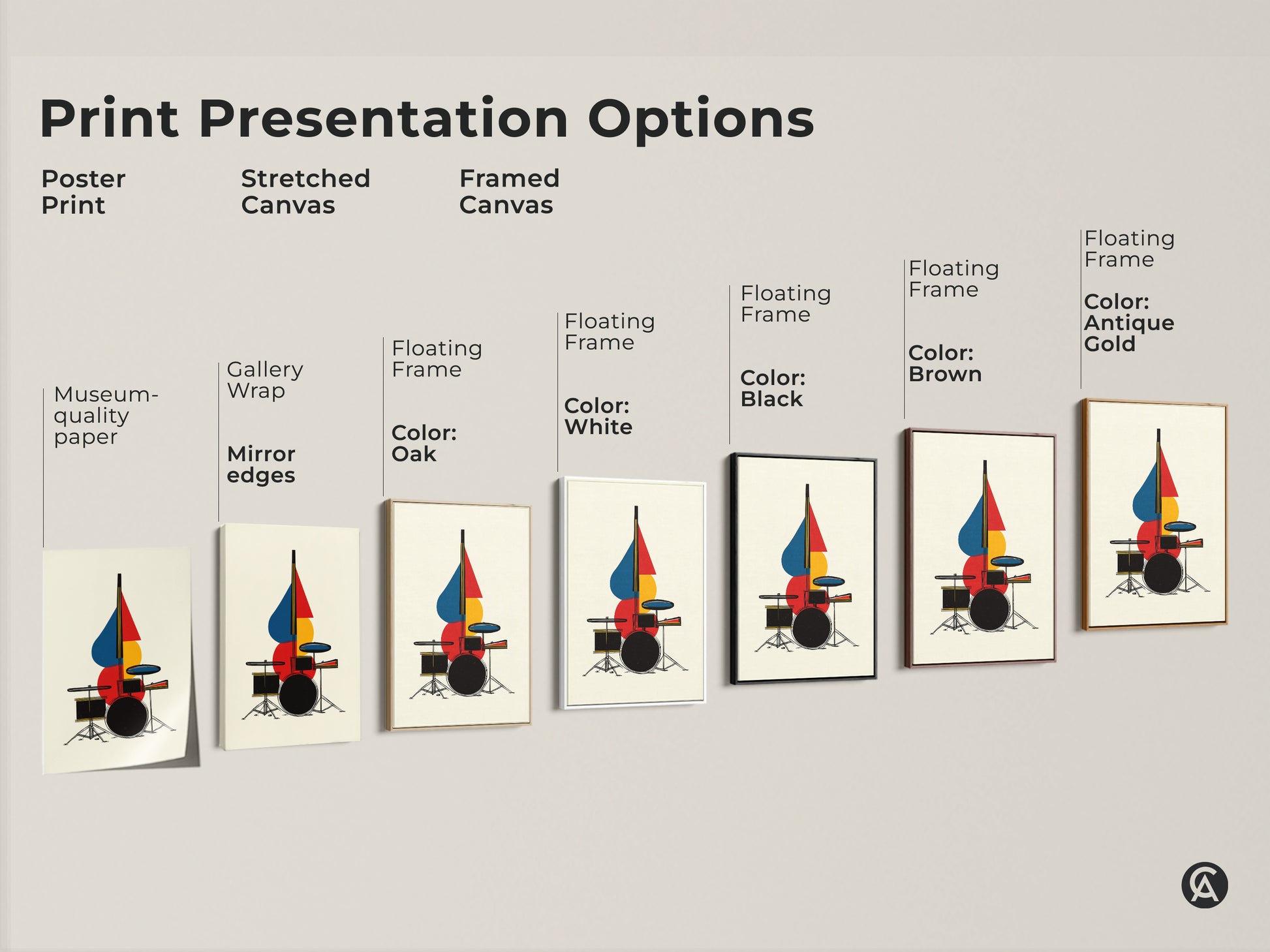 Explore print presentation options including poster prints and stretched canvas artwork. Discover framed canvas with floating frames. Various colors enhance this abstract drum set art. Find the perfect medium to display geometric mid-century modern style.