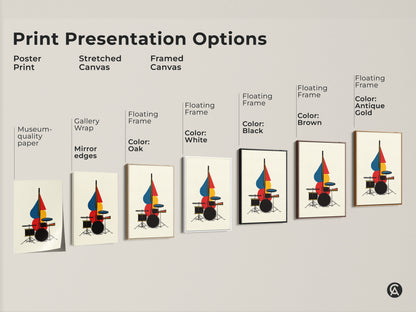 Explore print presentation options including poster prints and stretched canvas artwork. Discover framed canvas with floating frames. Various colors enhance this abstract drum set art. Find the perfect medium to display geometric mid-century modern style.