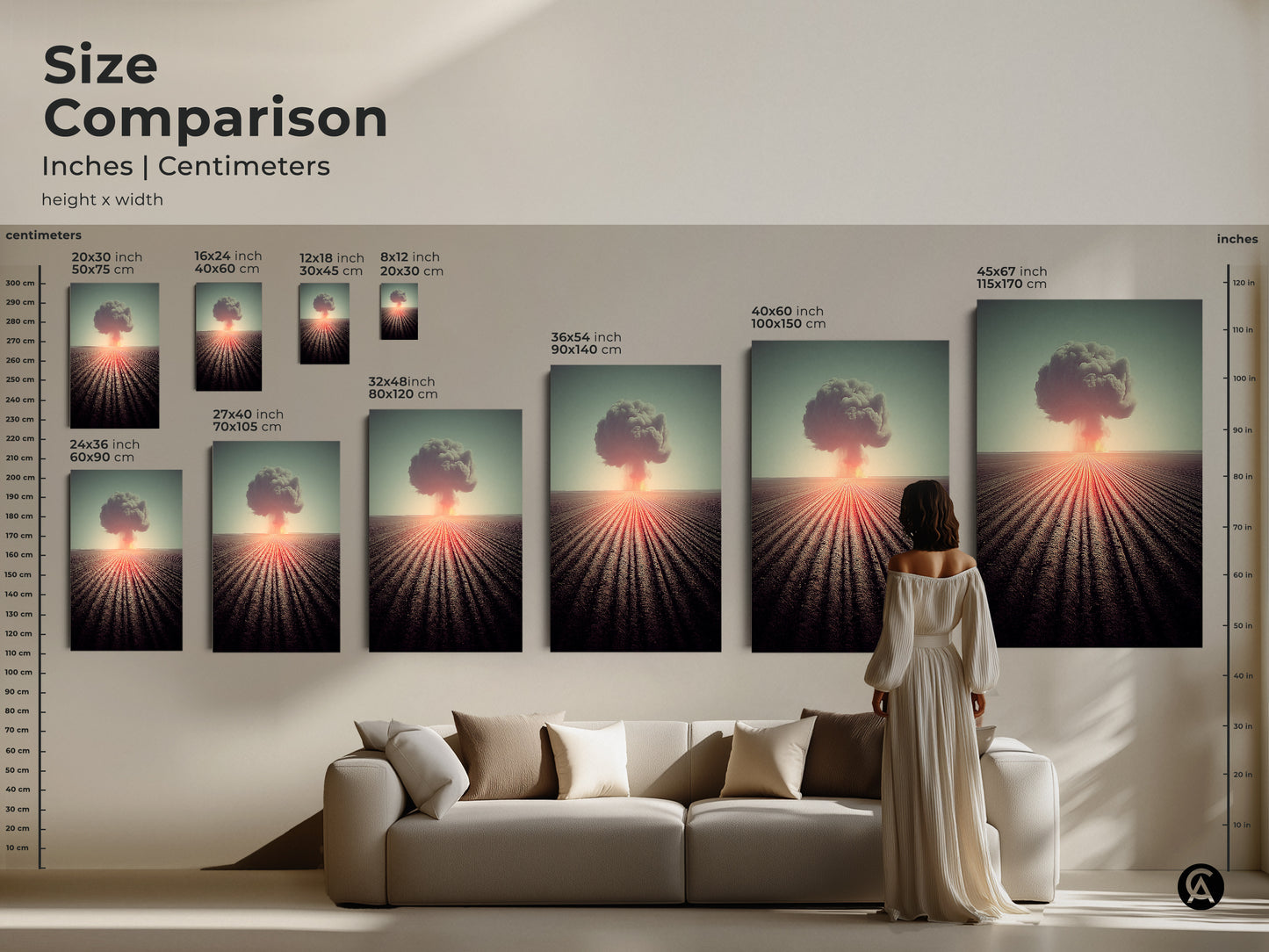 Compare sizes of surreal nuclear explosion art in inches and centimeters. See the artwork in various dimensions. Find the perfect industrial style wall art. Sizes range from small to large. This art brings a dramatic landscape to any space. A great gift for history lovers and those who appreciate unique designs.