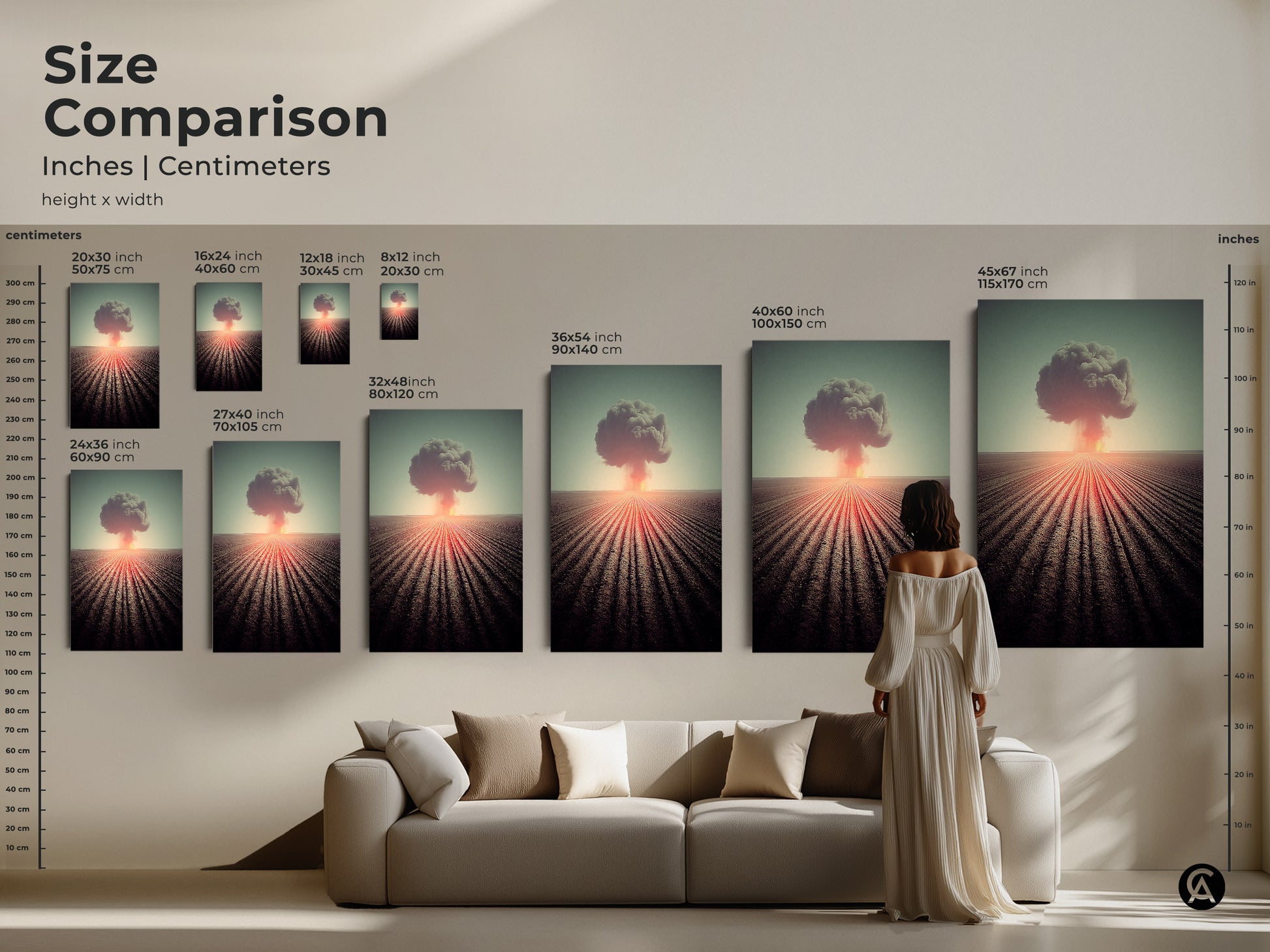 Compare sizes of surreal nuclear explosion art in inches and centimeters. See the artwork in various dimensions. Find the perfect industrial style wall art. Sizes range from small to large. This art brings a dramatic landscape to any space. A great gift for history lovers and those who appreciate unique designs.