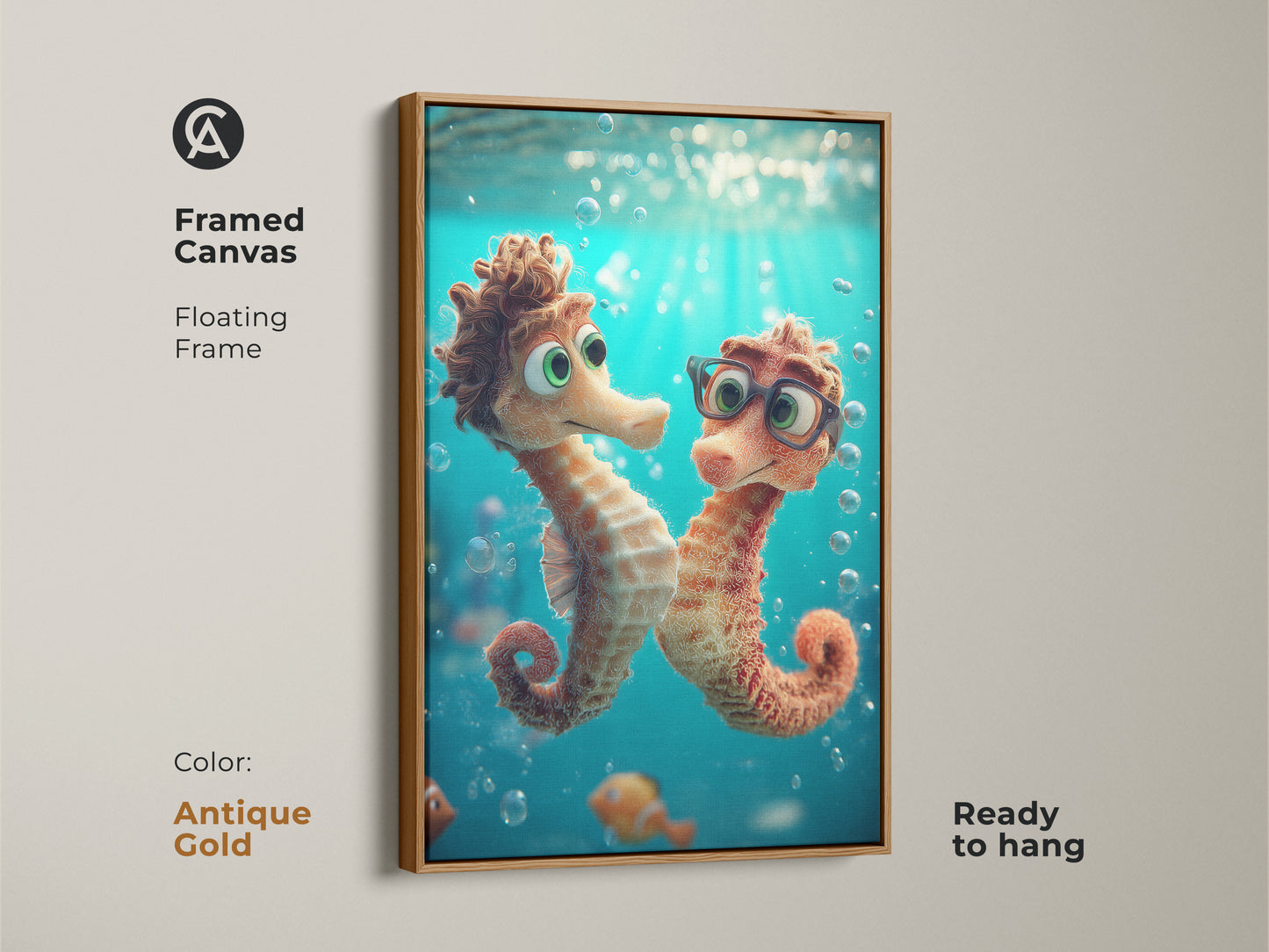 Antique gold framed canvas art featuring a seahorse and clownfish. Kids room ocean wall art ready to hang. The aqua and orange underwater print is perfect for kids. A charming ocean friends art for bright kids bedroom art. A unique kids wall hanging.