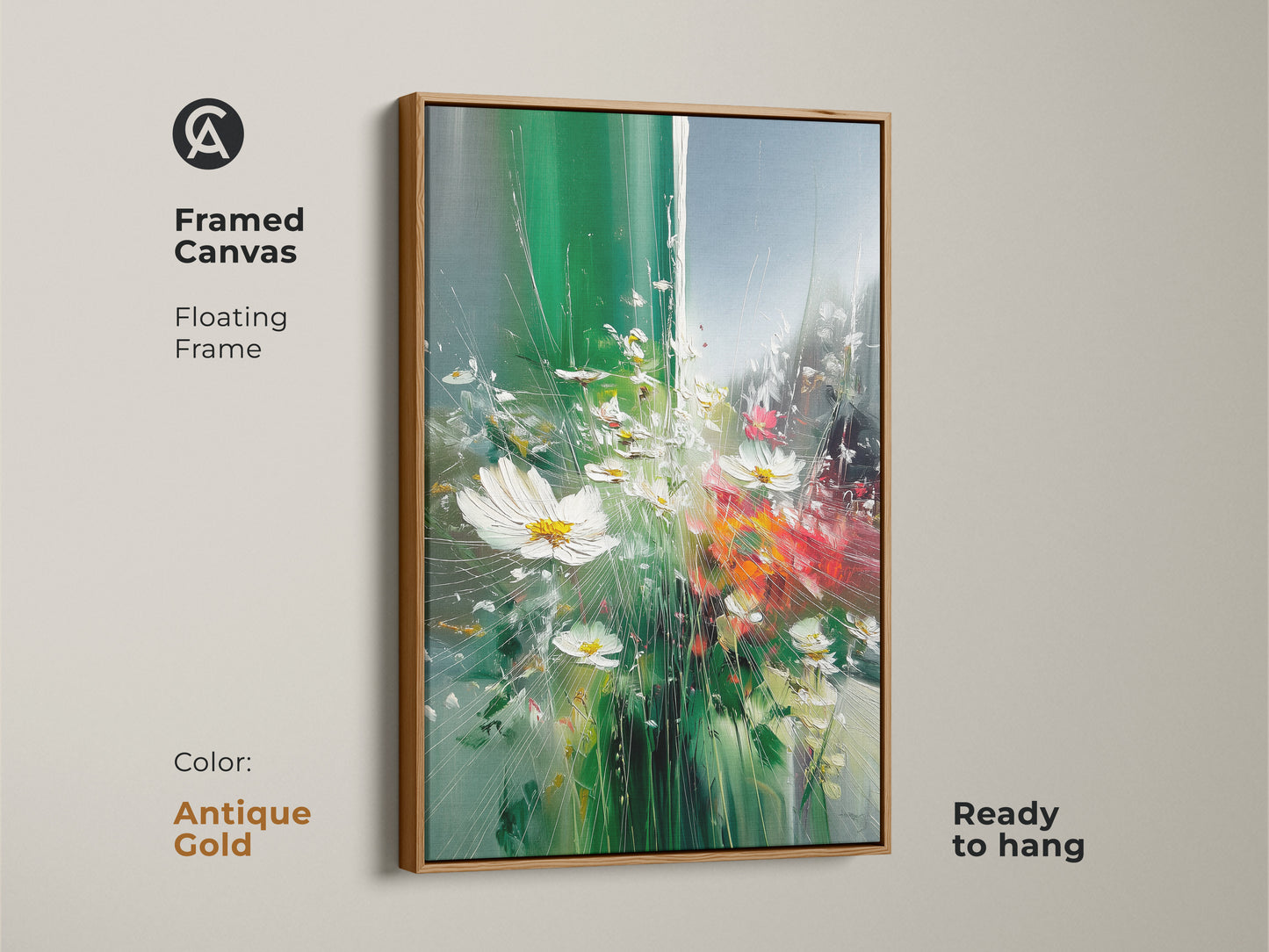 Framed canvas print features impressionistic daisies in an antique gold floating frame. Emerald green wildflower art offers a vibrant and eclectic aesthetic. The botanical nature wall art is ready to hang. It brings spring floral decor to your home.