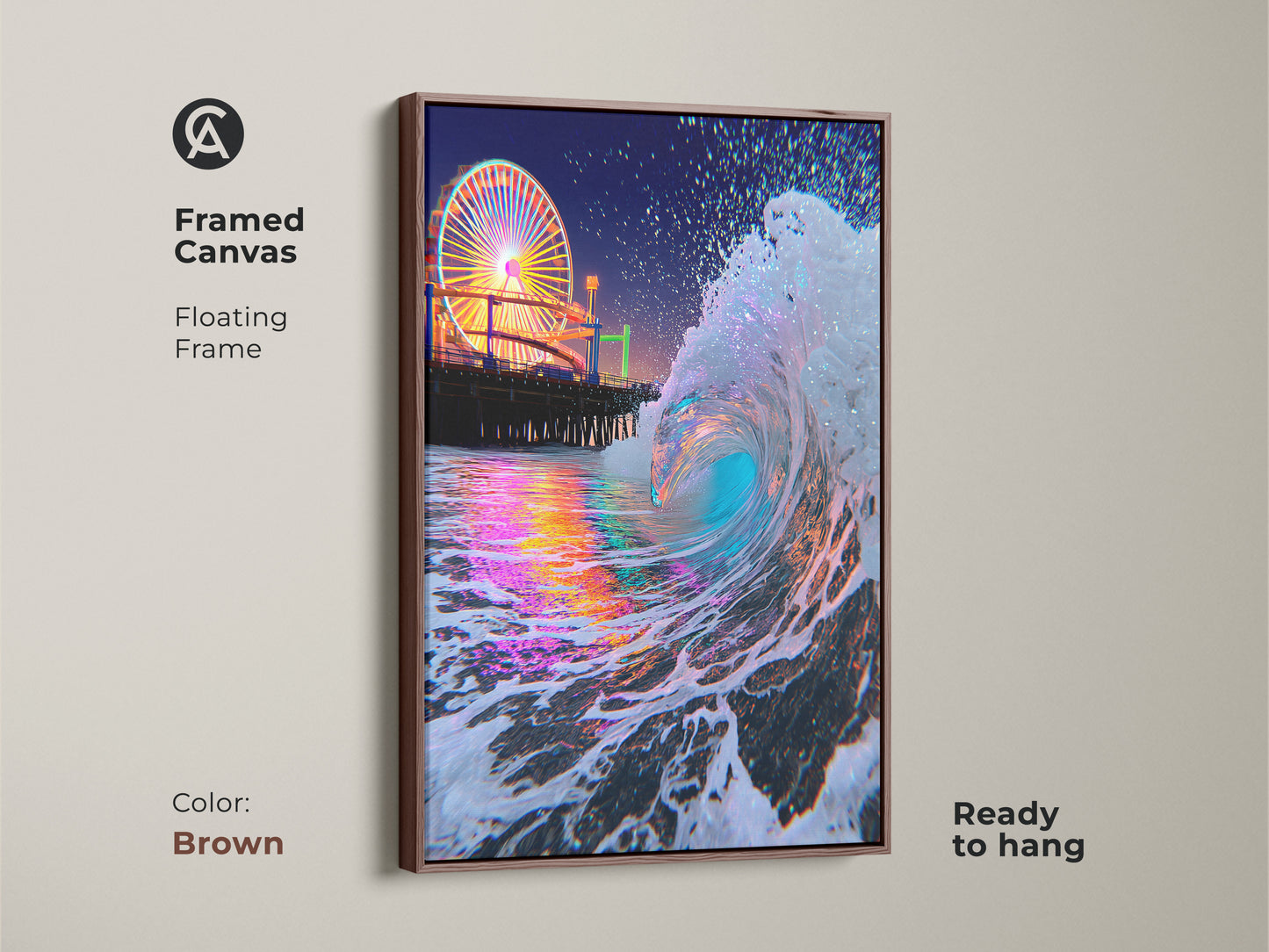 Framed canvas featuring teal blue and pink ocean waves art. The brown floating frame complements the beach artwork. The nighttime Ferris wheel adds a vibrant touch making it coastal artwork.
