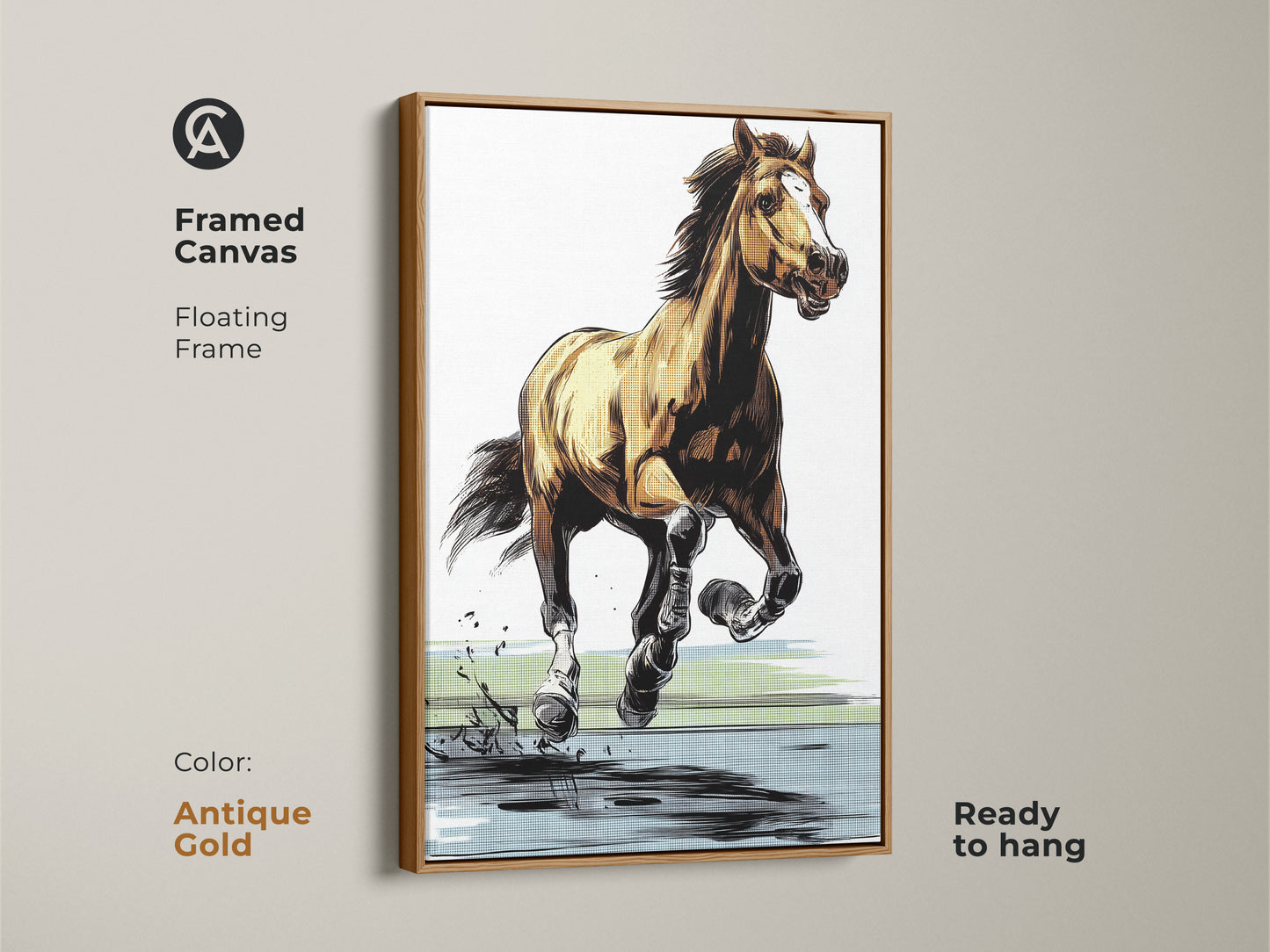 Framed canvas with an antique gold floating frame showcasing a galloping horse art print. This modern horse sketch is ready to hang. The animal wildlife art uses brown yellow and blue tones. It is a great graphic art print for equestrian wall art or a unique gift.