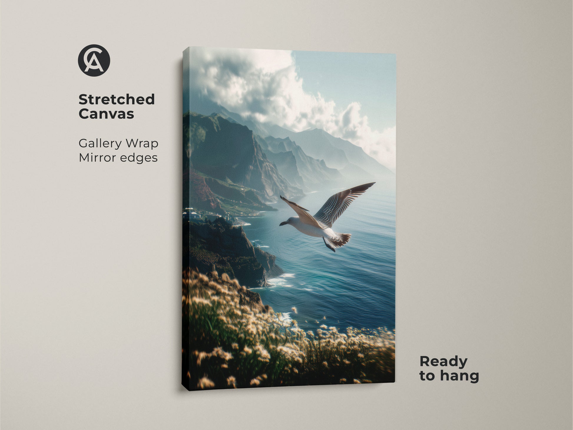 Stretched Canvas Wall Art: Coastal cliffs and a seagull flying over the ocean. This gallery-wrapped piece features mirrored edges. Ready to hang this ocean blue artwork will bring a sense of freedom and nature's vastness into your home.