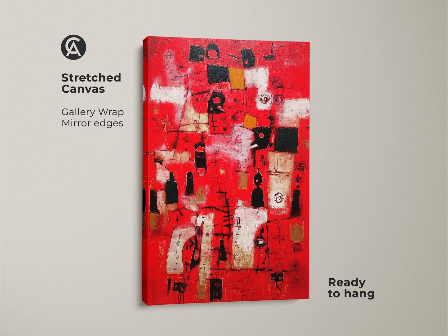 Stretched canvas art with a gallery wrap. The abstract artwork features a vibrant red backdrop. It’s accented with geometric shapes. The mirror edges give it a clean look. This ready-to-hang piece will enhance your home decor.