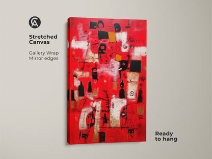 Stretched canvas art with a gallery wrap. The abstract artwork features a vibrant red backdrop. It’s accented with geometric shapes. The mirror edges give it a clean look. This ready-to-hang piece will enhance your home decor.