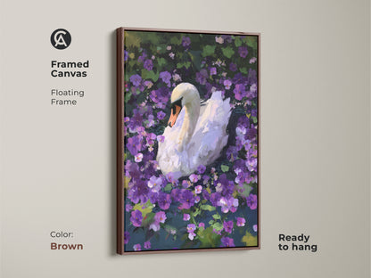 A framed white swan canvas art print is displayed. The painterly animal artwork features purple flowers. The brown floating frame complements the nature-inspired theme. It's a wonderful gift for those who appreciate fine art. This piece is ready to hang.
