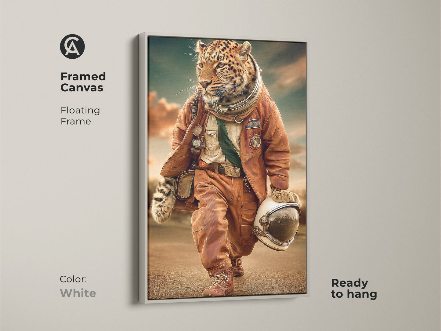 Framed canvas leopard astronaut artwork. Floating frame in white. Ready to hang. This surreal space adventure print adds a modern touch to any room. Orange teal animal art makes it a unique wildlife art piece. It is a perfect gift for space lovers or art lovers.