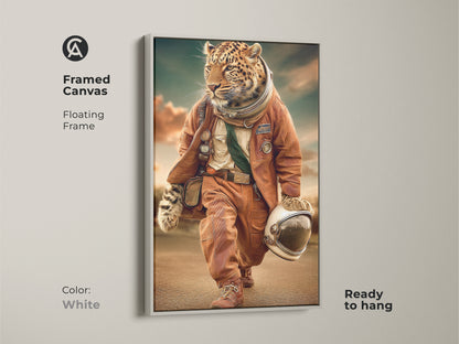 Framed canvas leopard astronaut artwork. Floating frame in white. Ready to hang. This surreal space adventure print adds a modern touch to any room. Orange teal animal art makes it a unique wildlife art piece. It is a perfect gift for space lovers or art lovers.