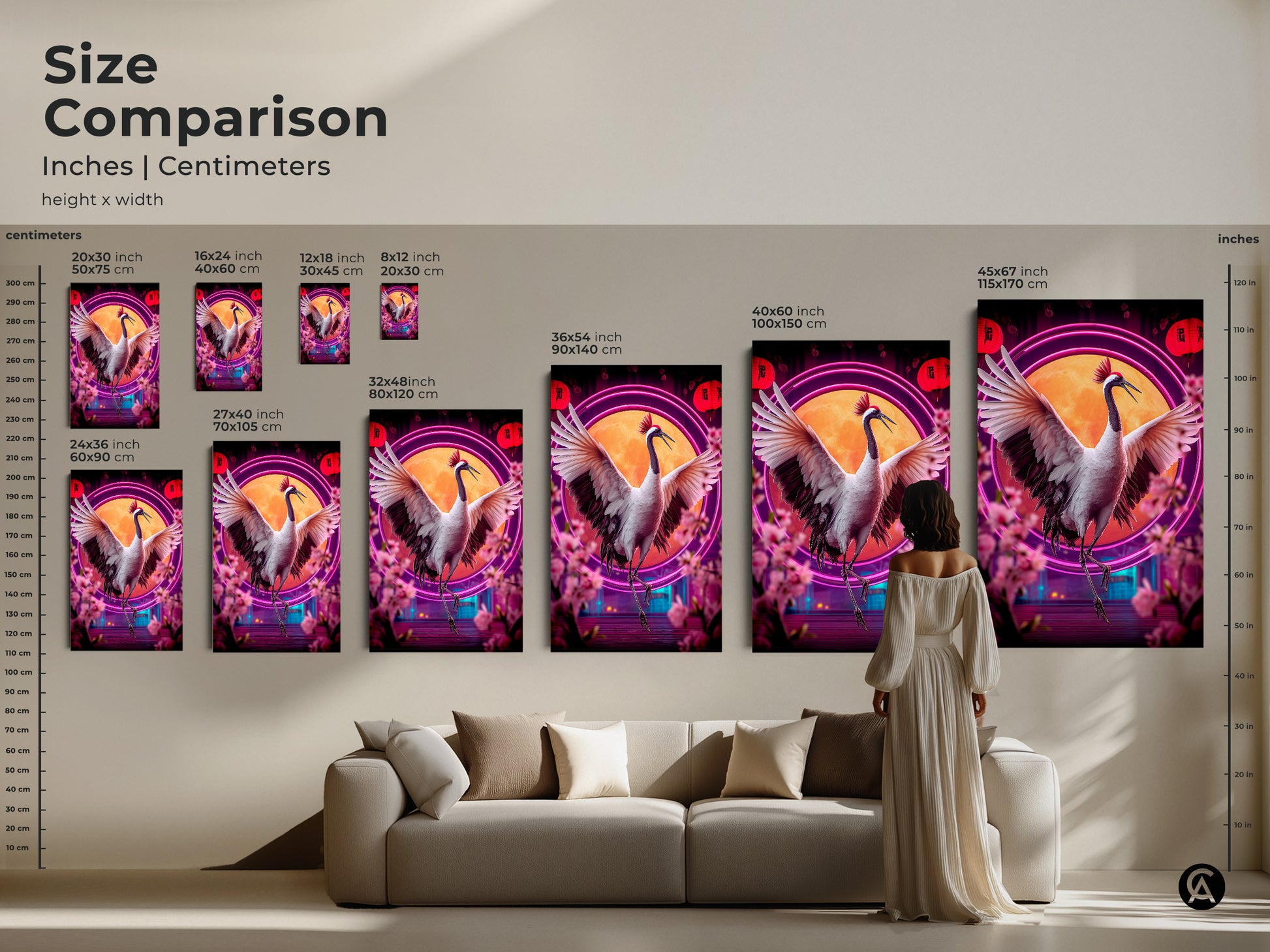 See the sizing guide of the red crowned crane canvas print. See how different sizes enhance the artwork. This piece is perfect for eclectic bedrooms and as a New Year gift. This unique bird wall art and the vibrant neon art would look good in any room.