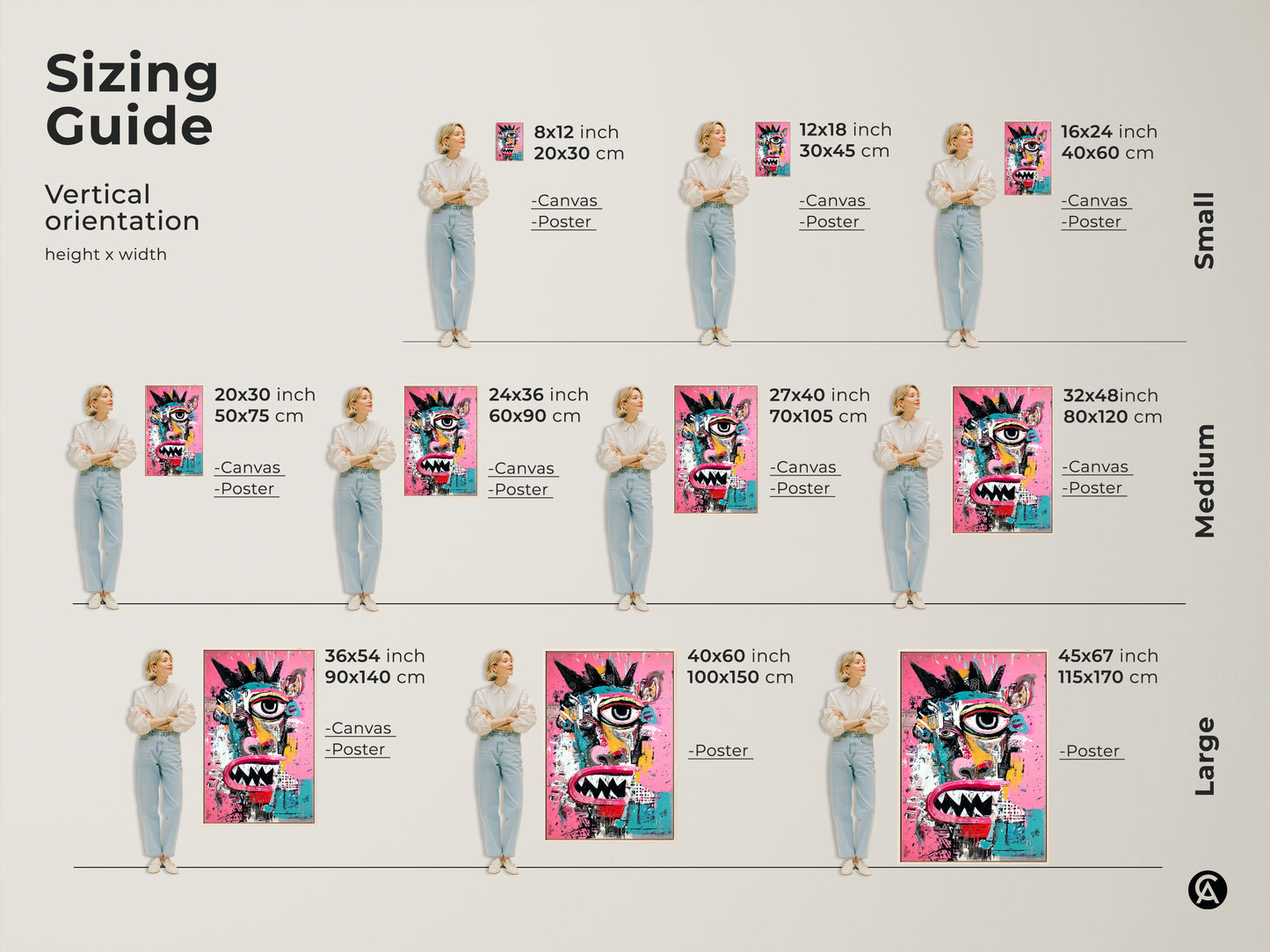 Sizing guide for vertical art prints. Visualize different sizes of a colorful monster face artwork. Options include canvas and poster prints. Find the ideal dimensions to fit your space and enhance your wall decor perfectly.