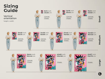 Sizing guide for vertical art prints. Visualize different sizes of a colorful monster face artwork. Options include canvas and poster prints. Find the ideal dimensions to fit your space and enhance your wall decor perfectly.