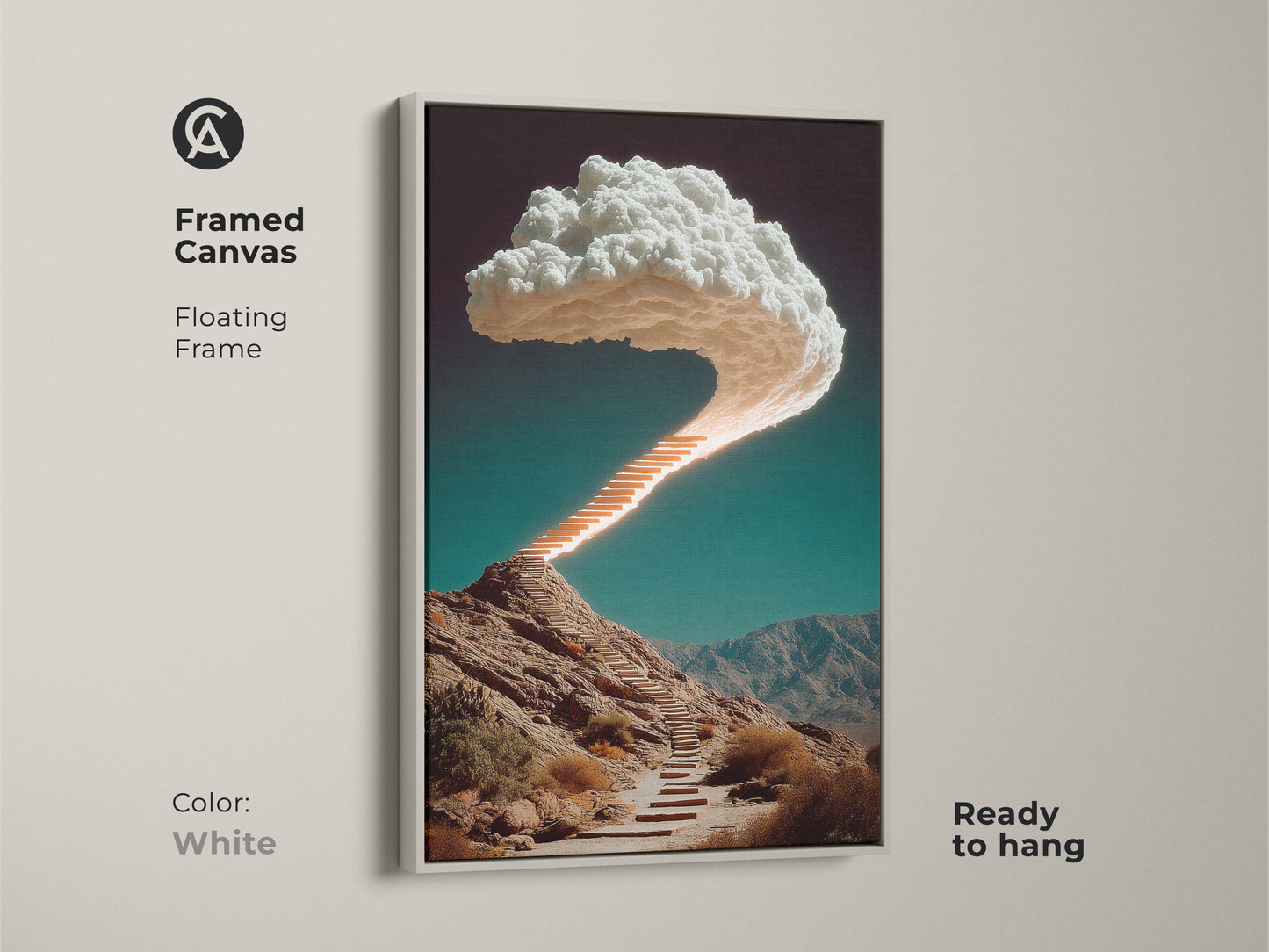 Framed canvas with floating frame shows art of a surreal stairway leading to clouds. The white frame art displays an orange teal landscape. It is ready to hang for adding modern home decor.