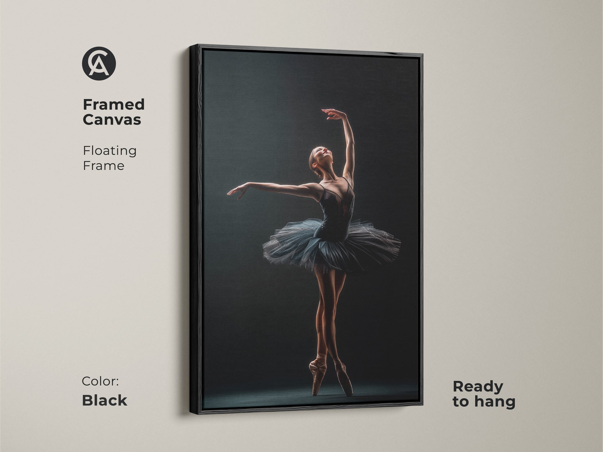 Black framed canvas of a ballerina. Floating frame adds a modern touch. Ready to hang. This artwork captures the grace of a dancer en pointe. Perfect wall art for ballet lovers. Enhance your decor with this elegant piece.