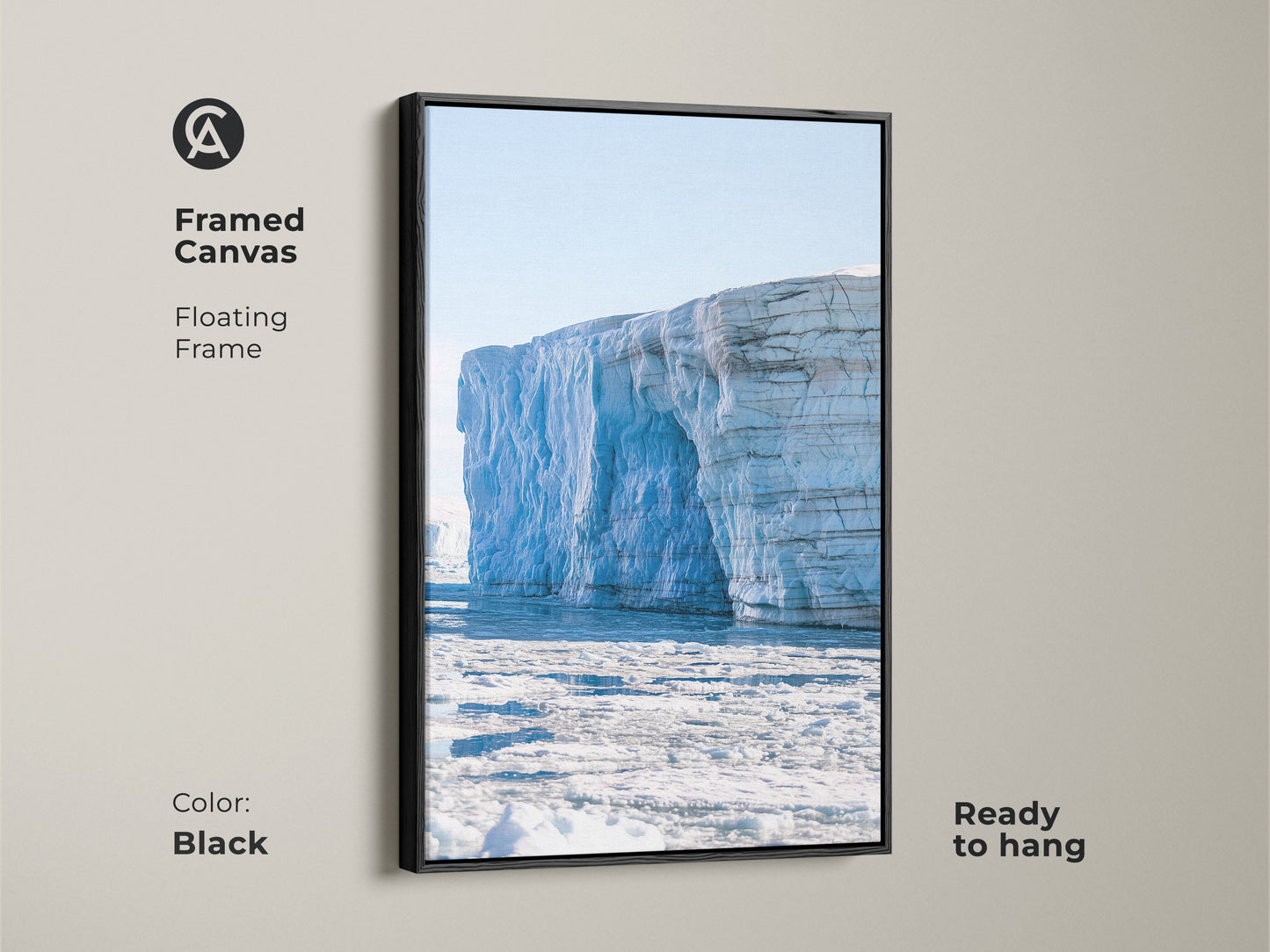 Black framed canvas featuring a minimalist iceberg. The light blue canvas art is ready to hang. It brings a serene glacier scene to your home office. This contemporary wall decor is perfect as a housewarming gift.