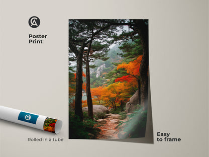 Poster print of a mountain path in autumn. The artwork is rolled in a tube for protection. This nature scene is easy to frame. It's a beautiful fall landscape for wall art collectors.
