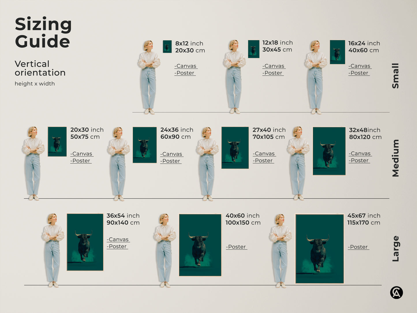 Sizing guide for vertical modern bull canvas and poster prints. Available in small medium and large sizes. Visualize the artwork in various dimensions. Perfect for office wall decor and home office artwork. Choose the right size for your space.