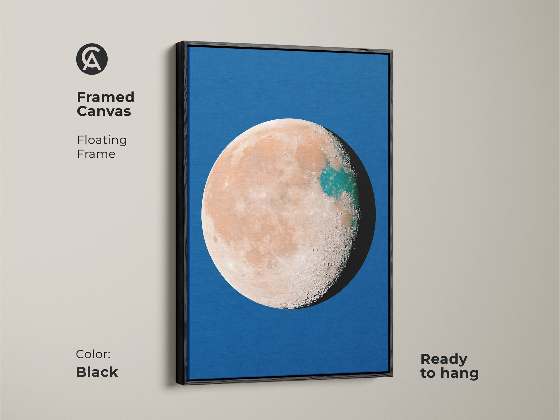 Framed canvas with abstract planet artwork floating in a black frame. The celestial moon decor has a striking blue background. Orange teal space wall art offers a surreal minimalist bedroom aesthetic. Ready to hang.