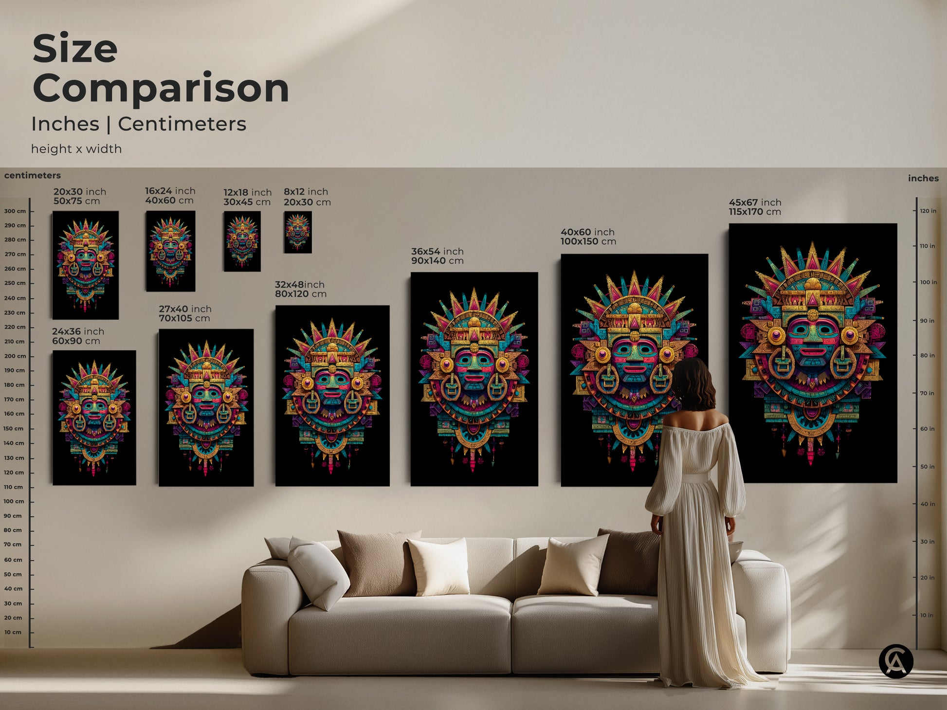 Size comparison of Mayan mask art prints. Inches and centimeters are shown. Height x width dimensions vary. The artwork is available in multiple sizes. Choose from small to extra-large canvas and poster options.