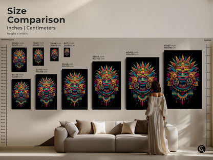 Size comparison of Mayan mask art prints. Inches and centimeters are shown. Height x width dimensions vary. The artwork is available in multiple sizes. Choose from small to extra-large canvas and poster options.