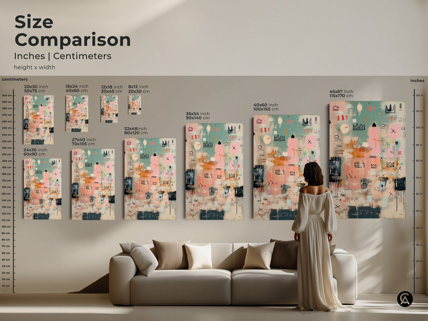 Size comparison of abstract crown artwork in inches and centimeters. See how different sizes fit in a living room setting. Choose from a variety of sizes to complement your space. Find the ideal artwork size today.