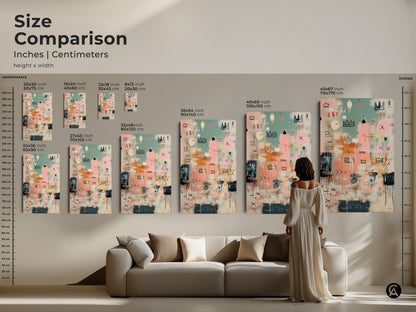 Size comparison of abstract crown artwork in inches and centimeters. See how different sizes fit in a living room setting. Choose from a variety of sizes to complement your space. Find the ideal artwork size today.