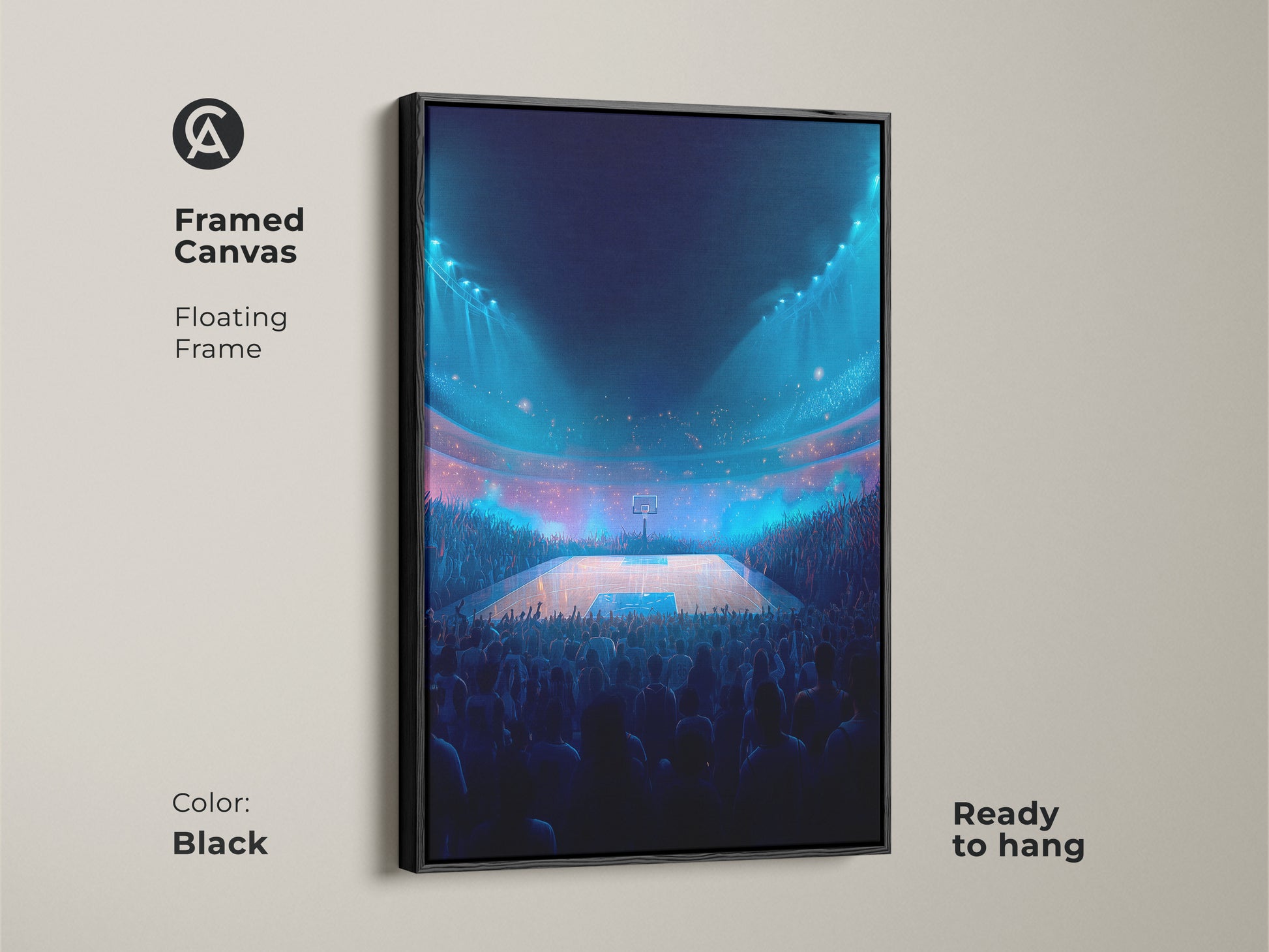 Framed canvas of a basketball arena art piece with a black floating frame. Ready to hang and enjoy. The artwork captures the energy of a live game. Perfect for any sports fan. Enhance your space with this unique piece.
