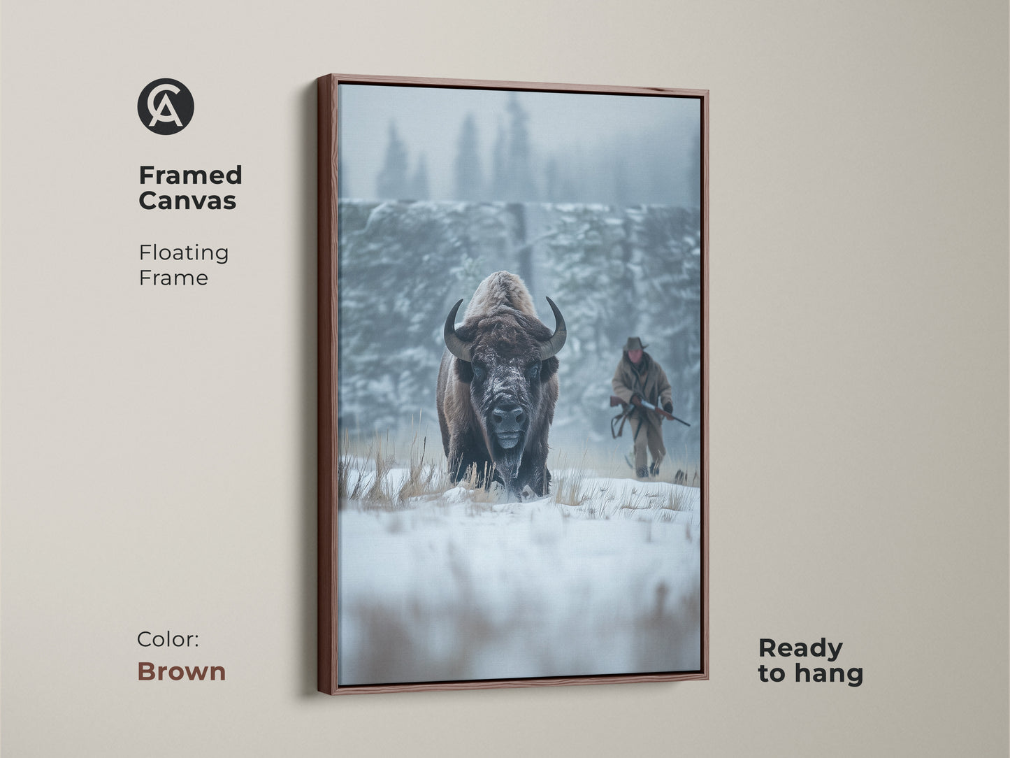 Framed canvas art of a bison in a winter landscape. The floating frame is brown. The artwork shows a bison and a hunter in snowy field. Ready to hang and enjoy. Perfect for adding rustic charm to any room.