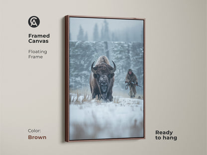 Framed canvas art of a bison in a winter landscape. The floating frame is brown. The artwork shows a bison and a hunter in snowy field. Ready to hang and enjoy. Perfect for adding rustic charm to any room.