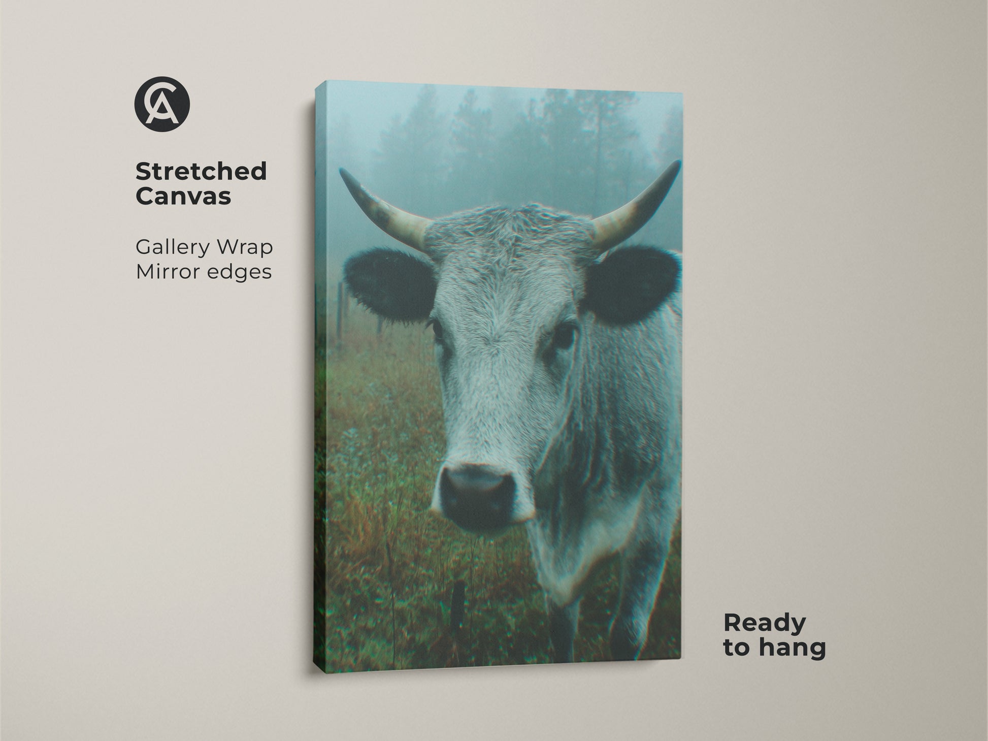 Stretched canvas art showcasing a majestic cow in a foggy meadow. The gallery wrap has mirrored edges. This ready-to-hang canvas adds a touch of nature to any room.