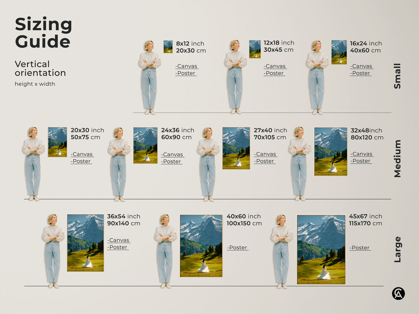 Find the perfect size. This snowy mountain landscape canvas print is available in various vertical sizes. The artwork features a woman in a white dress. Choose from canvas or poster options. This nature scenery artwork complements any space. It's a great housewarming gift art.