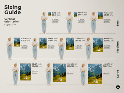 Find the perfect size. This snowy mountain landscape canvas print is available in various vertical sizes. The artwork features a woman in a white dress. Choose from canvas or poster options. This nature scenery artwork complements any space. It's a great housewarming gift art.