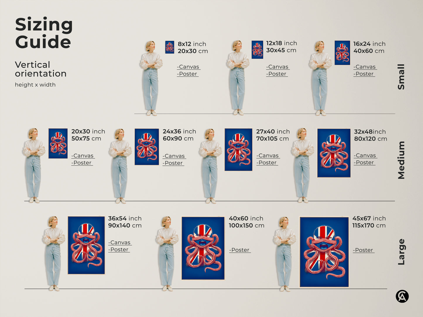 Sizing guide of British Patriotism Octopus Face Wall Art. Vertical orientation shows height and width. See small medium and large sizes in canvas and poster. Find a surreal Union Jack octopus today.