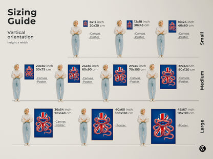 Sizing guide of British Patriotism Octopus Face Wall Art. Vertical orientation shows height and width. See small medium and large sizes in canvas and poster. Find a surreal Union Jack octopus today.