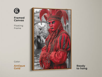 This Jester artwork is framed in an antique gold floating frame. The Venetian carnival canvas art captures a vivid red masquerade. The Italian scene brings a dramatic touch to any home. It's ready to hang and adds an eclectic accent.