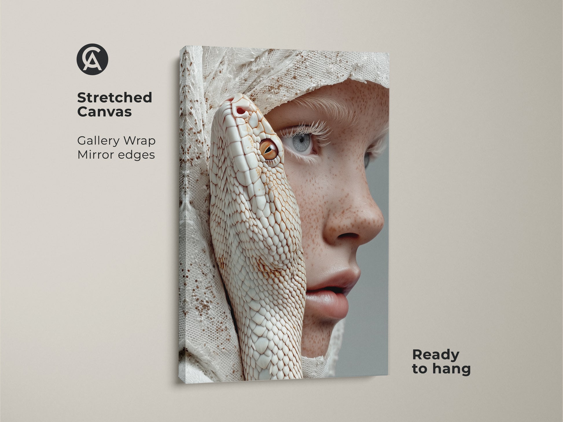 The stretched canvas features a gallery wrap and mirror edges. This surreal artwork shows an albino snake intertwined with a freckled woman. This canvas is ready to hang and will look great in a goth aesthetic bedroom or living room. The colors are peach beige and white.