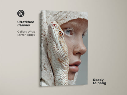 The stretched canvas features a gallery wrap and mirror edges. This surreal artwork shows an albino snake intertwined with a freckled woman. This canvas is ready to hang and will look great in a goth aesthetic bedroom or living room. The colors are peach beige and white.