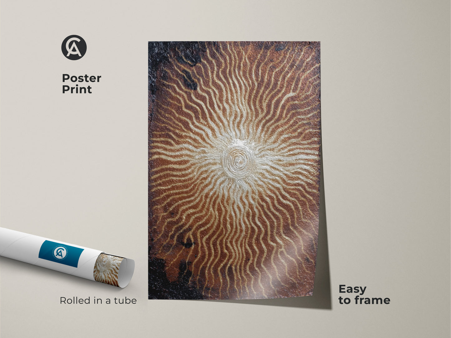 Poster print of textured spiral sunburst art. The bronze gold abstract artwork arrives rolled in a tube. The print is easy to frame and perfect for eclectic home decor. A unique gift for art lovers adding modern style.