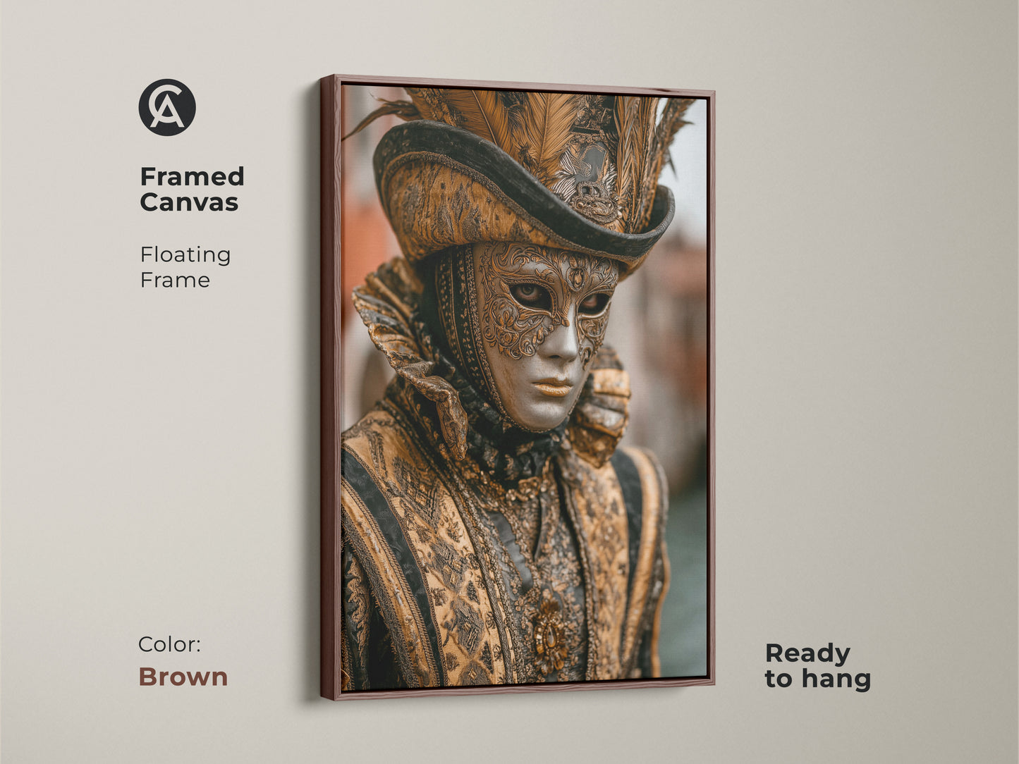 Framed canvas showcases a Venetian mask. Brown floating frame enhances this baroque costume artwork. The ornate gold and black mask is ready to hang. Transform your living space with this eclectic historical masquerade artwork. Great gift for costume enthusiasts.