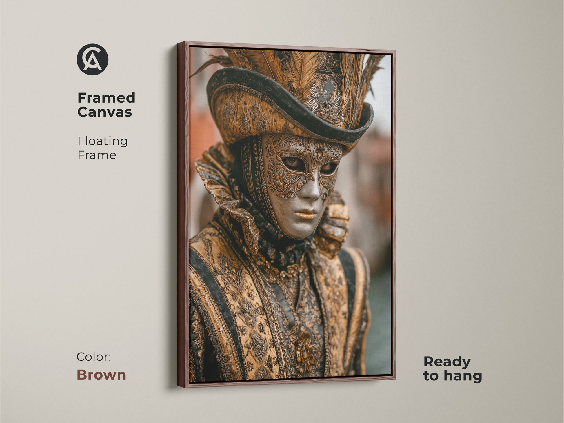 Framed canvas showcases a Venetian mask. Brown floating frame enhances this baroque costume artwork. The ornate gold and black mask is ready to hang. Transform your living space with this eclectic historical masquerade artwork. Great gift for costume enthusiasts.