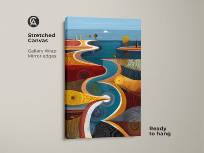 Close-up of a stretched canvas print featuring an abstract landscape. The river path art showcases teal blue and orange tones. Its gallery wrap and mirror edges create a seamless nature inspired look that’s ready to hang.