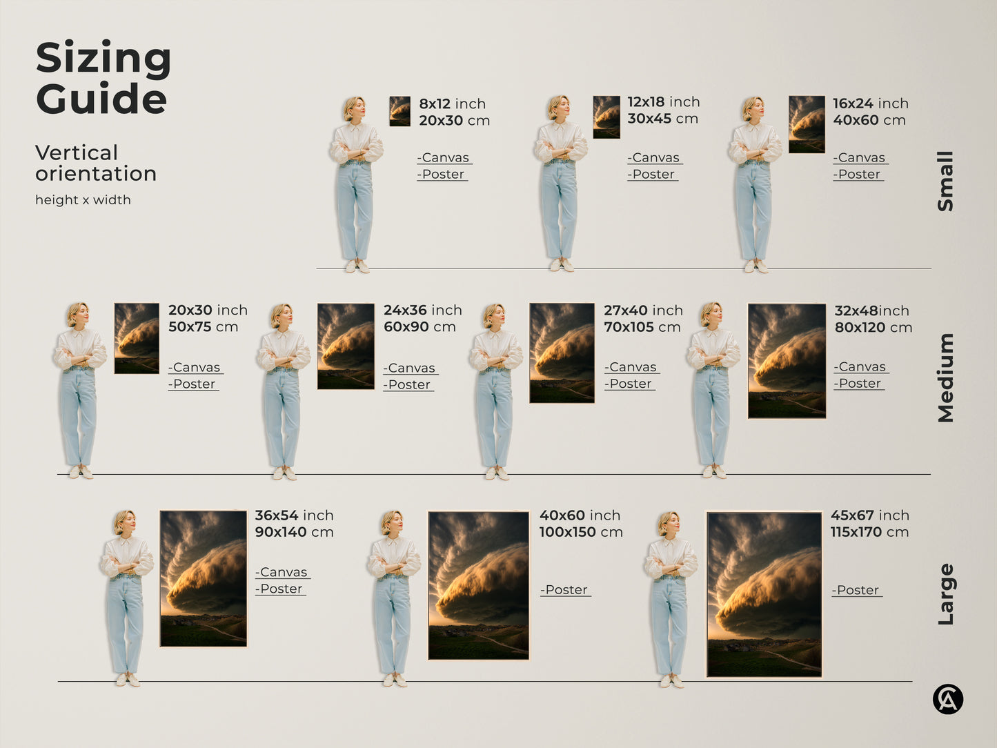 Sizing guide for dramatic cloudscape canvas and poster prints. Vertical orientation examples show various height and width options. Choose from small medium and large sizes. Golden yellow cloud art complements farmhouse bedroom decor. Perfect housewarming gift.