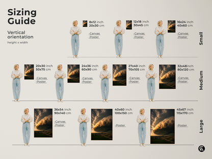 Sizing guide for dramatic cloudscape canvas and poster prints. Vertical orientation examples show various height and width options. Choose from small medium and large sizes. Golden yellow cloud art complements farmhouse bedroom decor. Perfect housewarming gift.